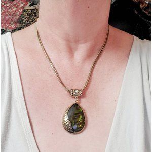 Vintage KC Necklace, gold tone, iridescent green pendant